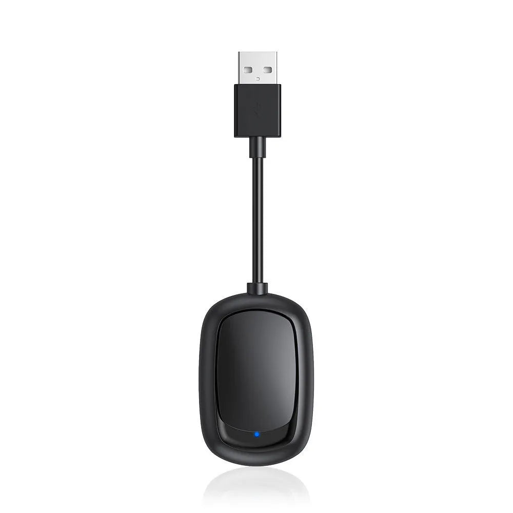 Wireless CarPlay and Android Auto 2-in-1 interconnection box with USB connector.