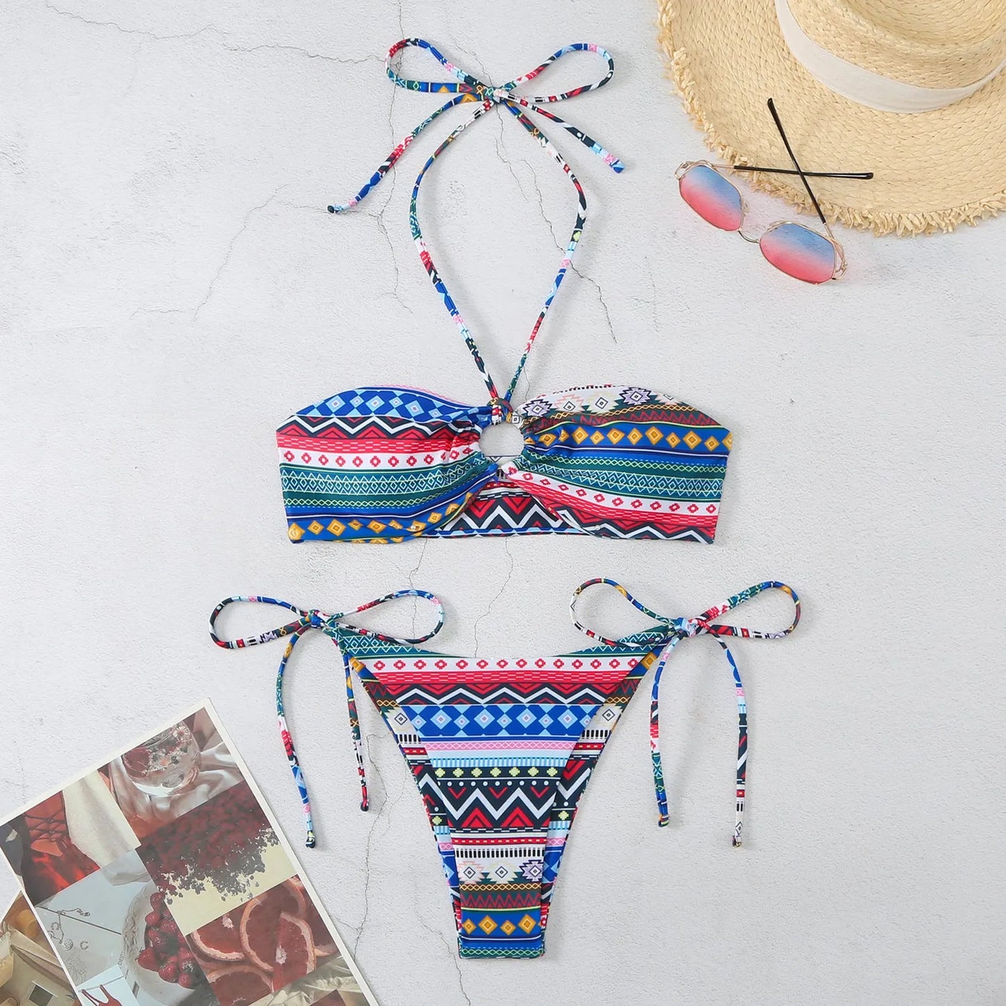 Women's green stripe halterneck bikini swimsuit with high-cut briefs