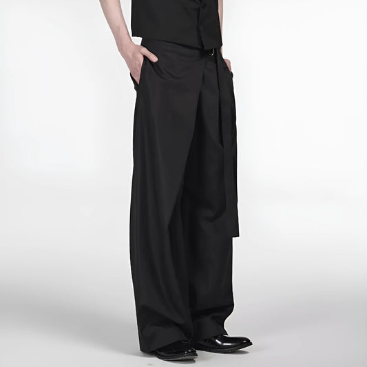 Black straight-leg trousers with an adjustable mid-waistband and single pleat detail on a hanger.
