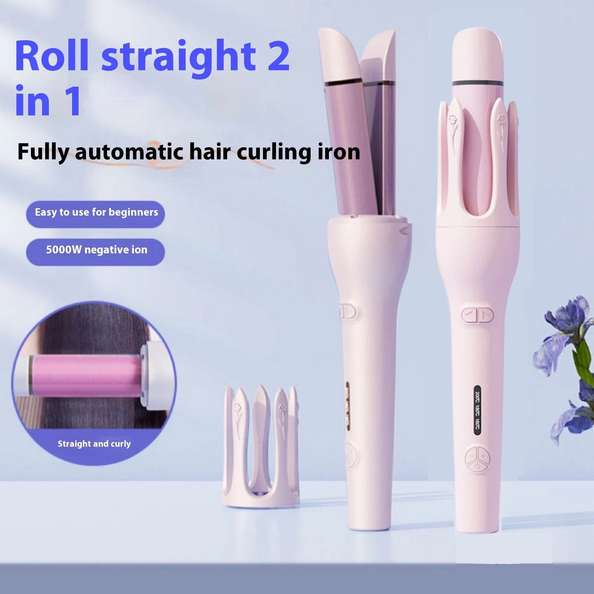 Automatic dual-function hair curler and straightener with left and right rotating barrels, adjustable temperature settings, and safety features for salon-quality styles at home