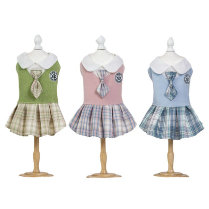 A pink, blue, or green tartan skirt for dogs and cats, shown in a princess style.