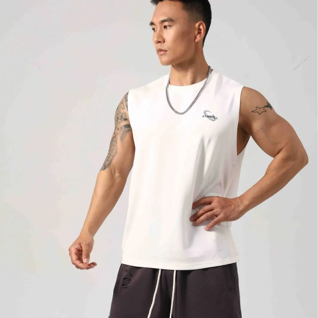 Men's loose black cotton fitness vest with hidden side hooks in Korean style.