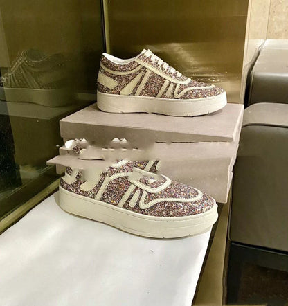 Pearl sequin lace-up sports casual shoes in white, black, pink, sequins, and gray