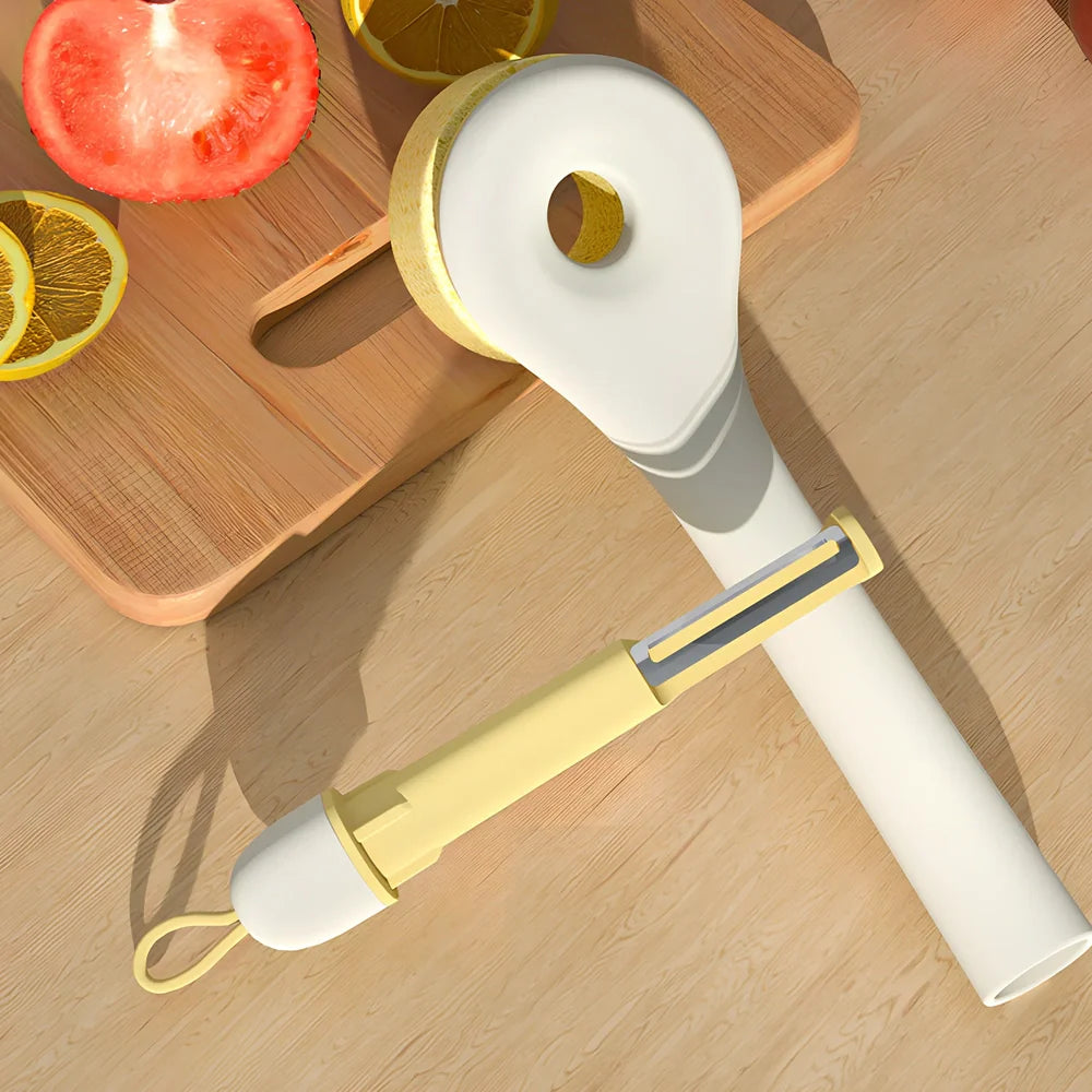 Wood pulp sponge cleaning brush with PP handle, replaceable cotton heads, and integrated peeling knife for pots and dishes