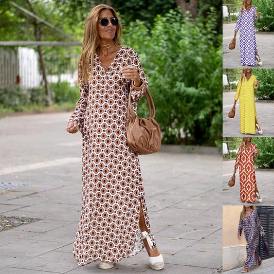 Women's geometric printed V-neck long dress with long sleeve slit, available in multiple colors and sizes.