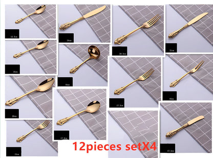 Four-piece stainless steel cutlery set showing main knife, fork, spoon, and teaspoon with mirror finish