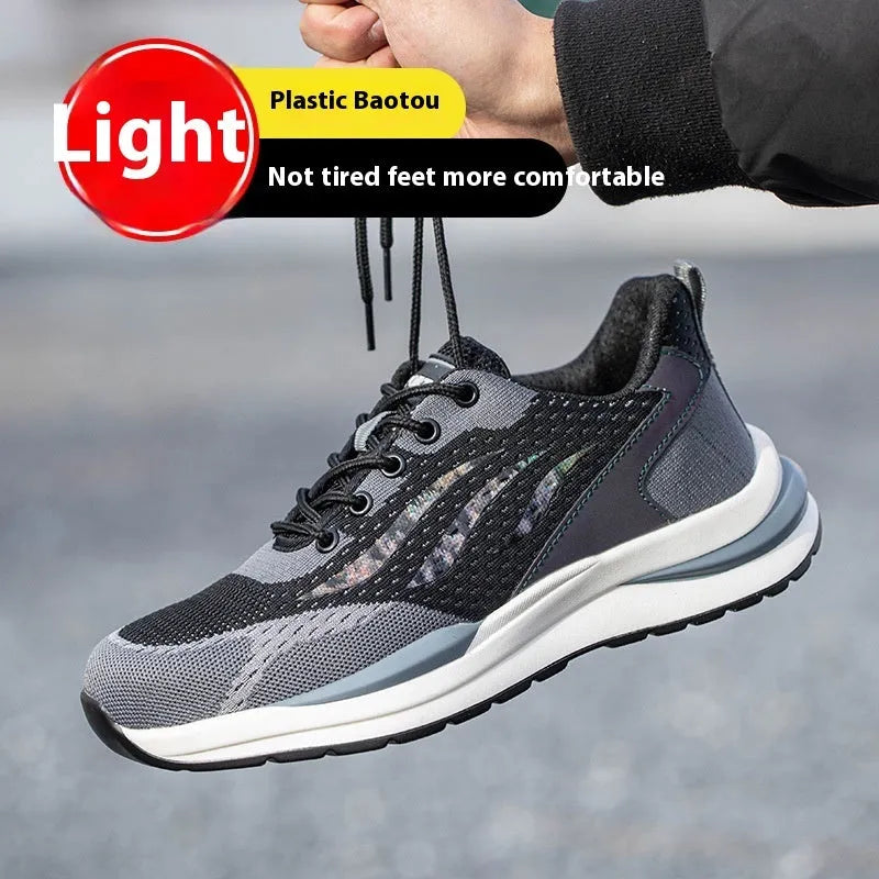 Men's black and grey insulated electrician safety shoes with lace-up closure, showing microfiber leather and mesh upper.