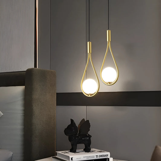 Modern copper pendant bedside chandelier with a choice of milk white or honeycomb lampshades.