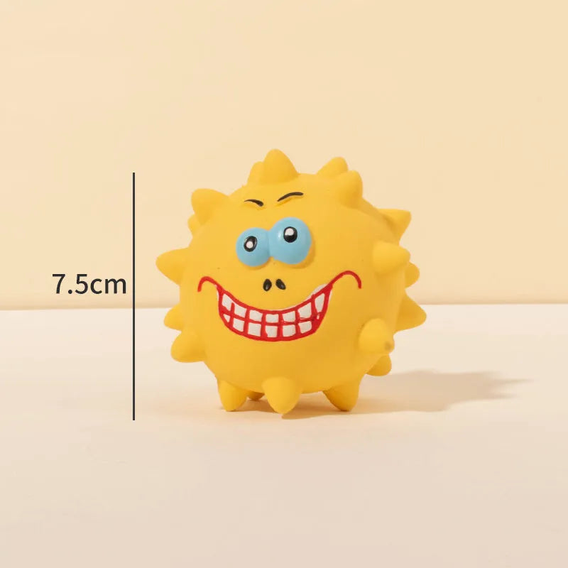 Four coloured natural latex dog balls with textured surfaces and cute faces, each measuring 7.5cm in diameter