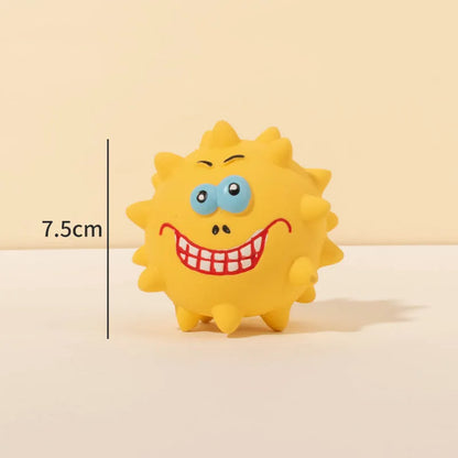 Four coloured natural latex dog balls with textured surfaces and cute faces, each measuring 7.5cm in diameter