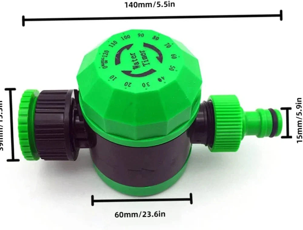 Plastic mechanical garden irrigation timer, 140mm size, connected to outdoor faucet with hose, showing 120-minute dial and auto shut-off feature