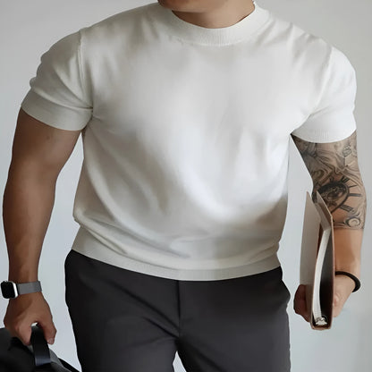 Men's slim-fit solid colour t-shirt in breathable polyester knitwear, shown in multiple colour options.
