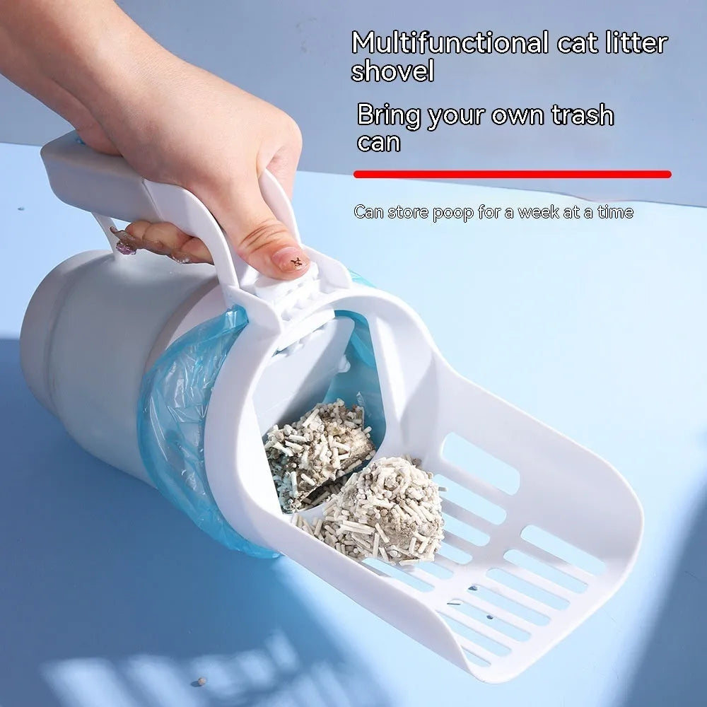 Grey cat litter scoop with attached waste collection bin and sheltered lid.