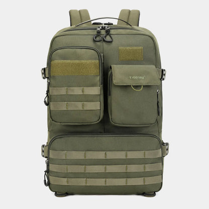 Army green tactical backpack showing 17-inch size with waterproof nylon construction