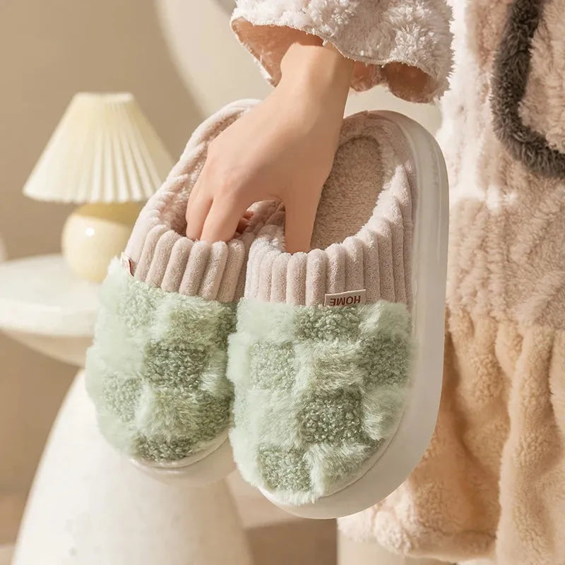 Women's plaid pattern plush slippers with coral velvet upper and non-slip sole in multiple colour options