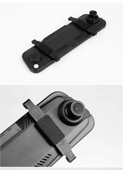 10-inch car dash cam with front and rear cameras on full touchscreen display