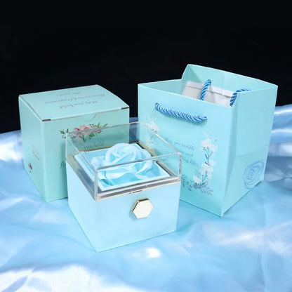 Rotating soap flower rose gift box with jewelry drawer in red, blue, lake blue, or pink