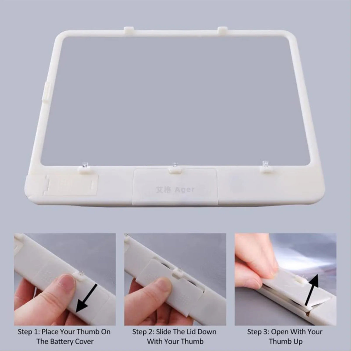 180x140mm magnifying glass with LED reading light showing 3x magnification and desktop/handheld design