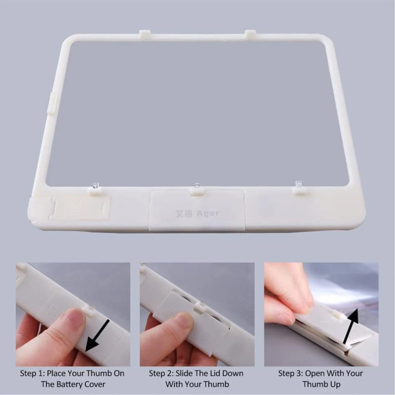 Magnifying glass with LED reading light featuring 3x magnification, 180mm x 140mm PVC lens, handheld or desktop use with CR2032 battery power in black with light or white with light colour options