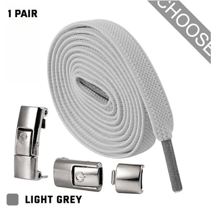 A pair of black widened flat elastic shoelaces with a silver press lock buckle on a white background.