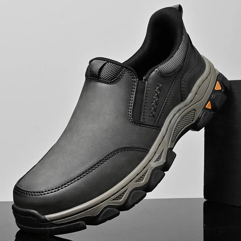 Men's casual leather-style shoes with rubber soles in dark brown, black, or grey colours