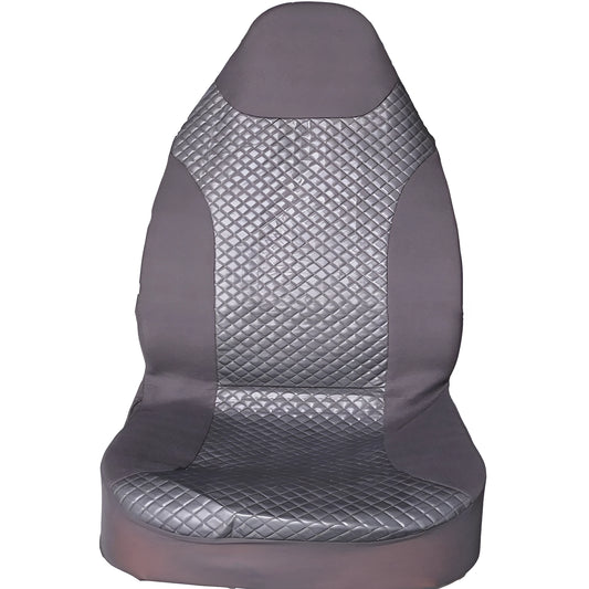 Black quilted universal car seat cover fitted on a front car seat, showing diamond stitching and plastic hook fastenings.