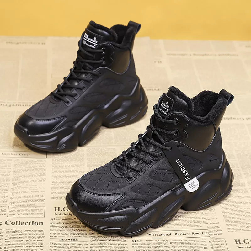 Women's casual velvet lined high shoes in black, silver, and beige with waterproof PU upper and non-slip sole