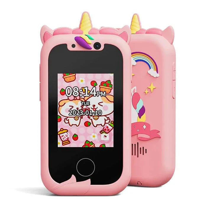 Interactive touchscreen kids' smart camera phone with MP3 player in a blue silicone case, featuring dual cameras, educational apps, and creative tools