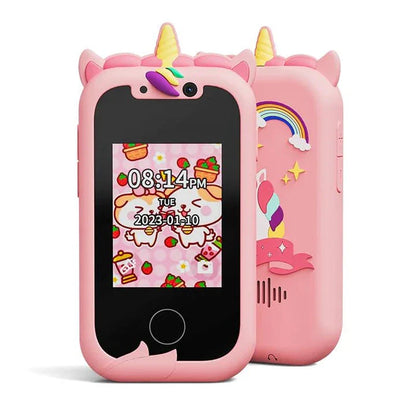 Interactive touchscreen kids' smart camera phone with MP3 player in a blue silicone case, featuring dual cameras, educational apps, and creative tools