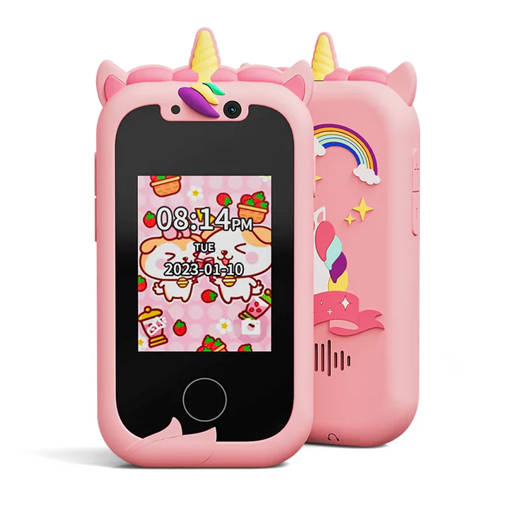 Interactive touchscreen kids' smart camera phone with MP3 player in a blue silicone case, featuring dual cameras, educational apps, and creative tools