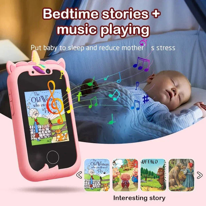 Interactive touchscreen kids' smart camera phone with MP3 player in a blue silicone case, featuring dual cameras, educational apps, and creative tools