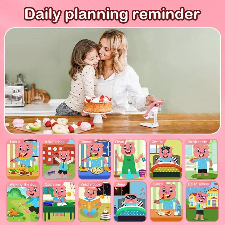 Interactive touchscreen kids' smart camera phone with MP3 player in a blue silicone case, featuring dual cameras, educational apps, and creative tools