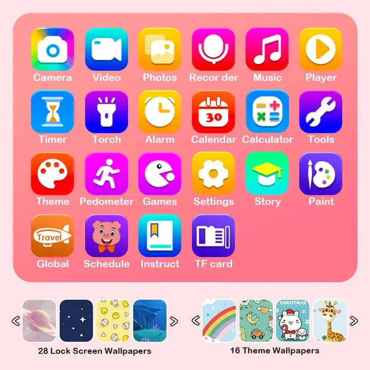 Interactive touchscreen kids' smart camera phone with MP3 player in a blue silicone case, featuring dual cameras, educational apps, and creative tools