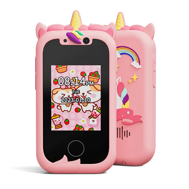 Interactive touchscreen kids' smart camera phone with MP3 player in a blue silicone case, featuring dual cameras, educational apps, and creative tools