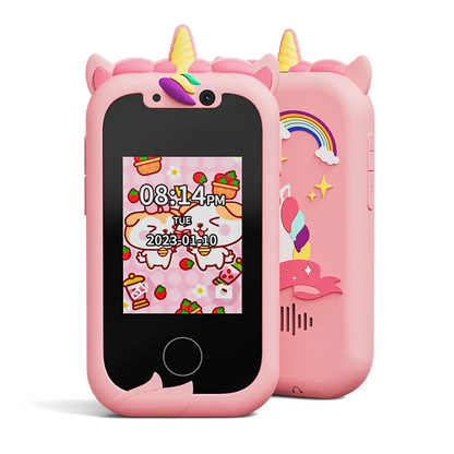 Interactive touchscreen kids' smart camera phone with MP3 player in a blue silicone case, featuring dual cameras, educational apps, and creative tools