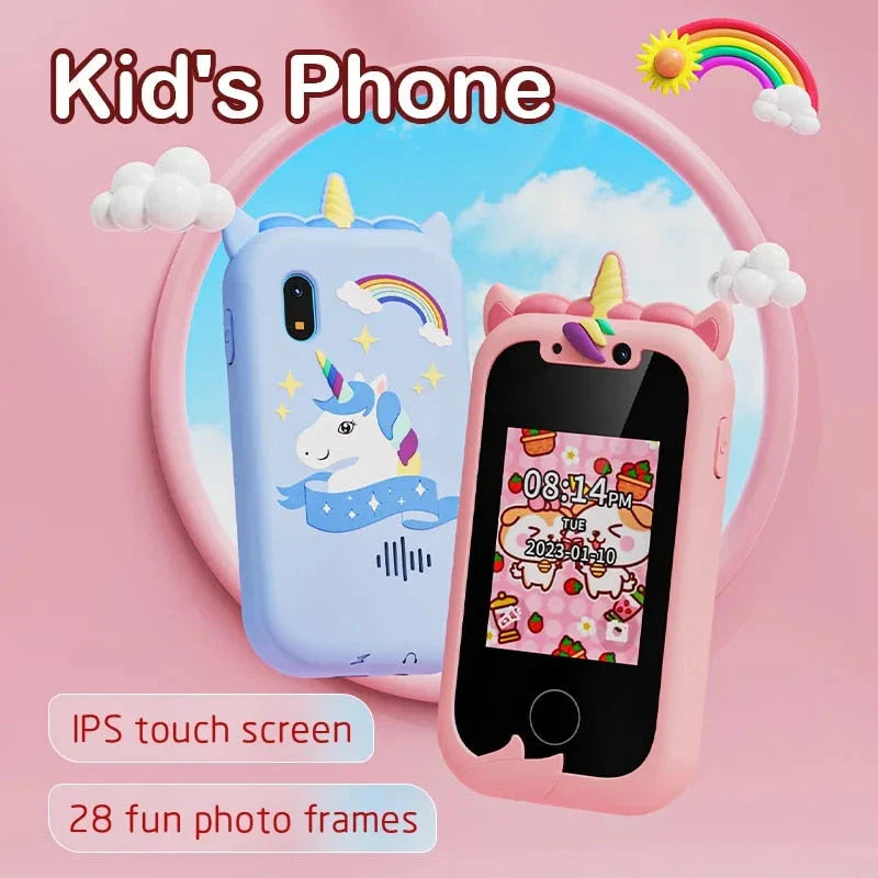 Interactive touchscreen kids' smart camera phone with MP3 player in a blue silicone case, featuring dual cameras, educational apps, and creative tools