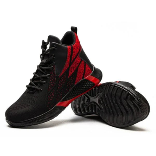 A pair of gray, red, and blue work boots with reinforced steel toes and puncture-resistant soles for superior protection and comfort.