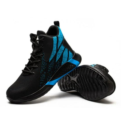 A pair of gray, red, and blue work boots with reinforced steel toes and puncture-resistant soles for superior protection and comfort.