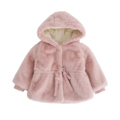 Baby wearing a cozy, velvet-padded wool coat in pink or beige color