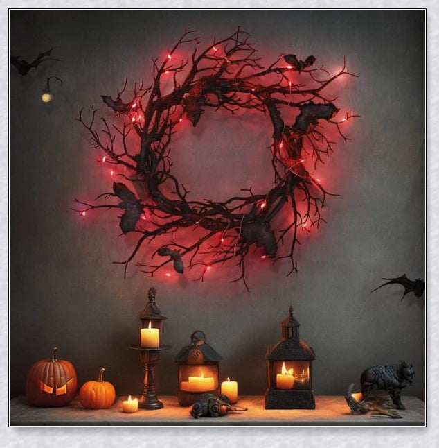 Hhomeenjoy Haunlit Halloween Wreath with Red LED Lights