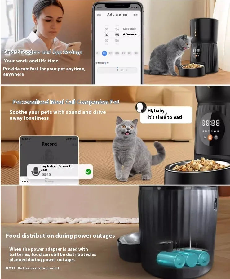 Black intelligent pet feeder with transparent food container showing kibble, digital display, and USB power cable