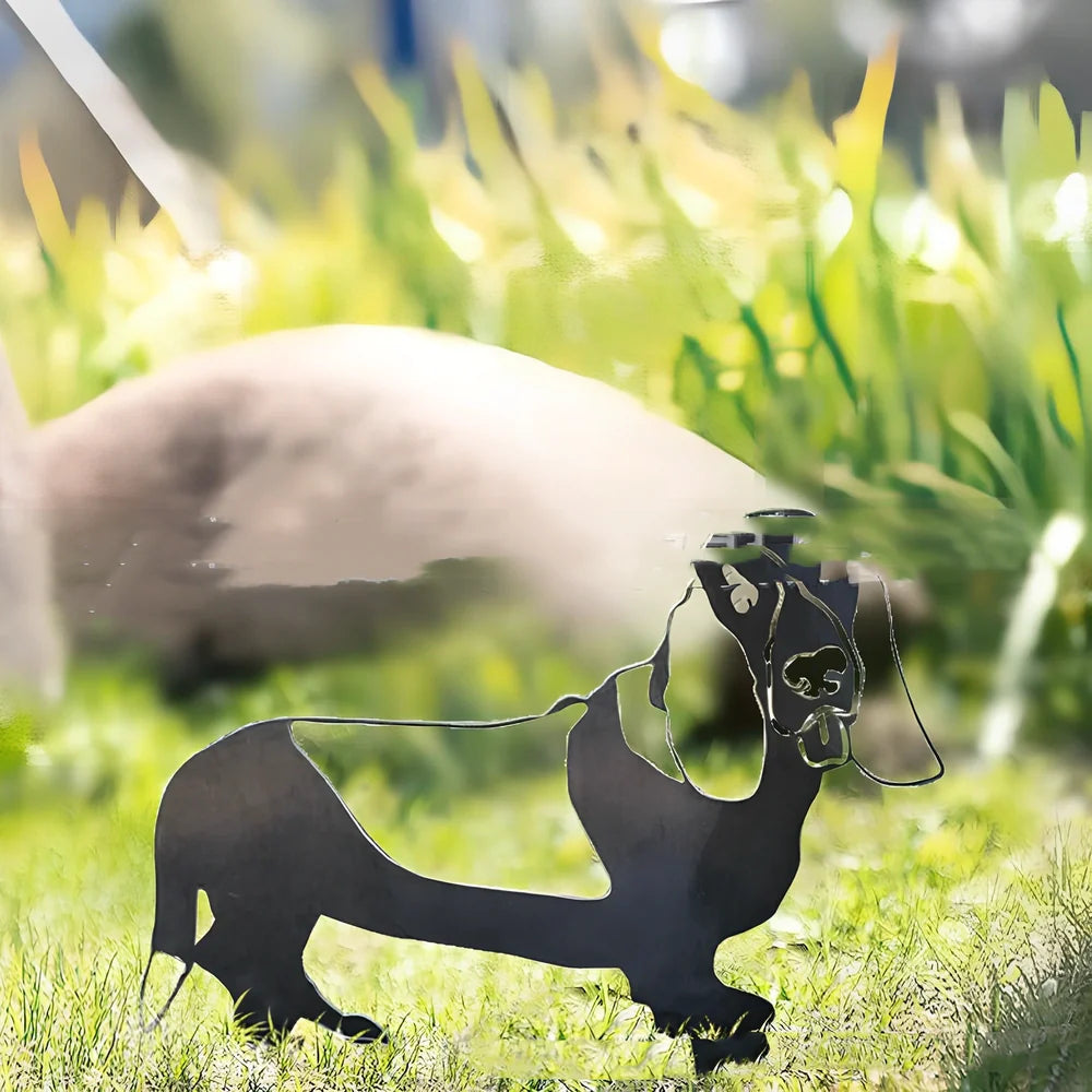 Metal dog silhouette garden decoration showing breed outline on iron background for outdoor display