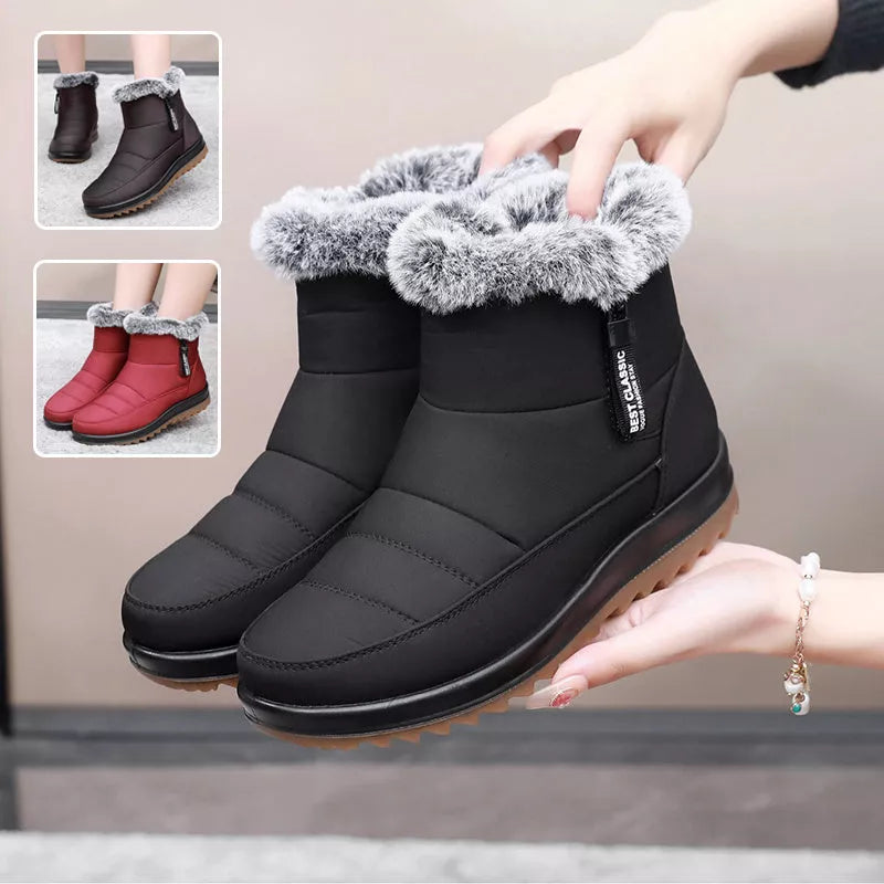 Women's winter snow boots with side zipper and fleece lining in black, dark brown, and red