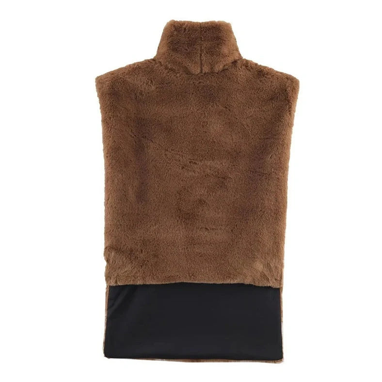 Women's dark brown half-turtle neck sleeveless top with furry texture, showing 40-50cm length