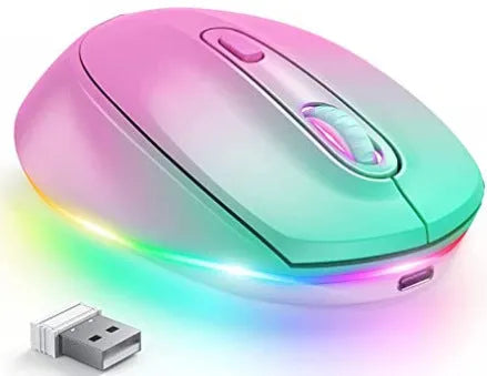 Wireless ergonomic mouse in multiple colours showing compact design with USB charging cable