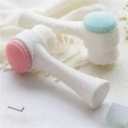 Blue and pink nylon bristle pet paw brush for dogs and cats on a white background.