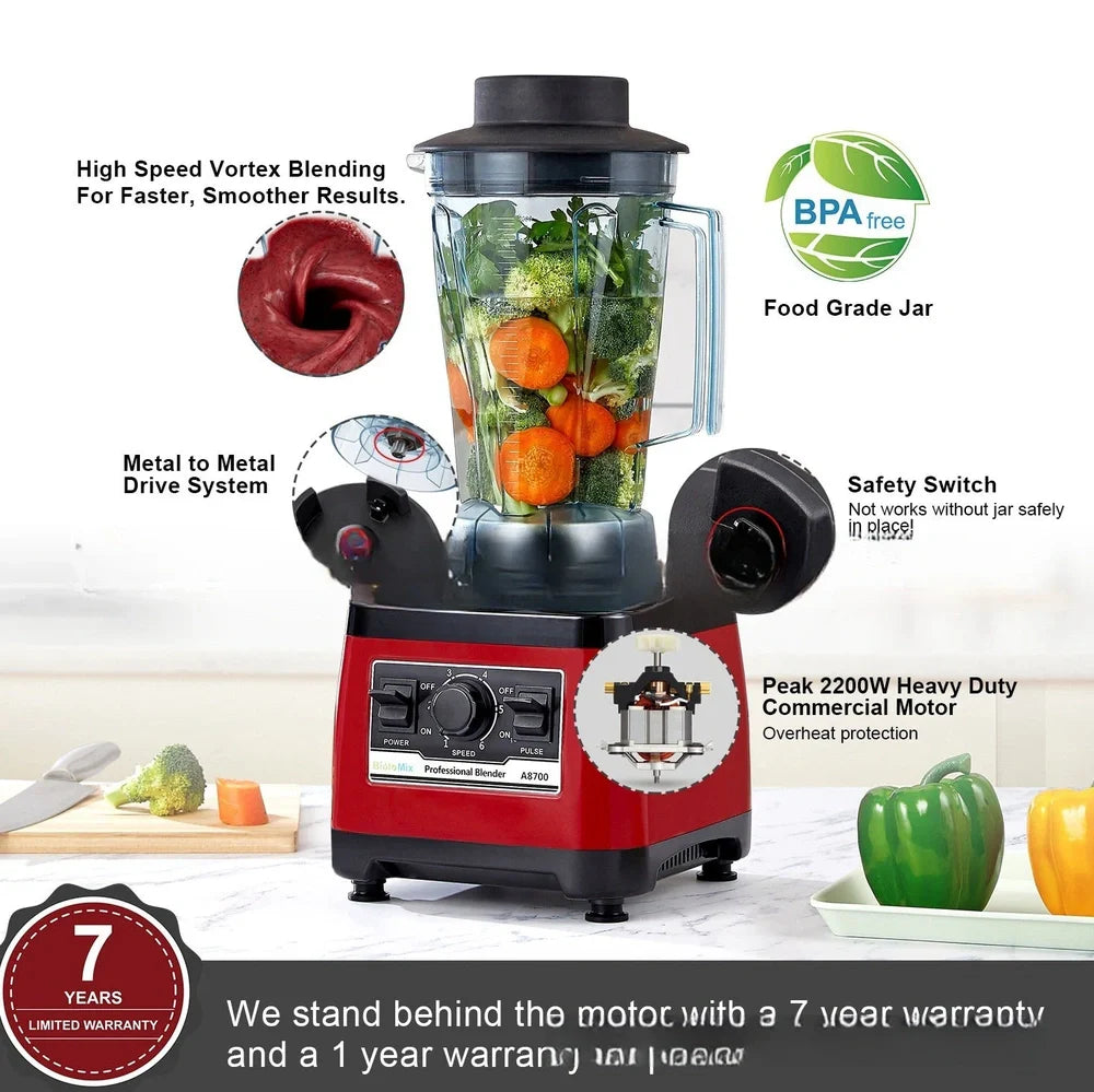 Red commercial blender with 2200W motor and 2L capacity for professional kitchen use