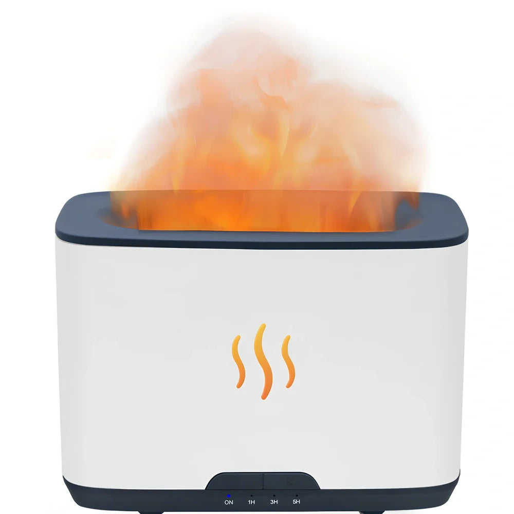 White H9 flame simulation humidifier with 280ml tank on desk, showing ultrasound mist and LED flame effect for aromatherapy