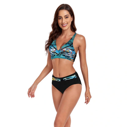 Beach Split Swimsuit Halter Bikini with unique printing pattern, available in multiple colors and sizes S-XXL