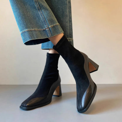 Women's retro suede short boots with chunky 6-8cm heel, square toe, back zipper, in brown or black